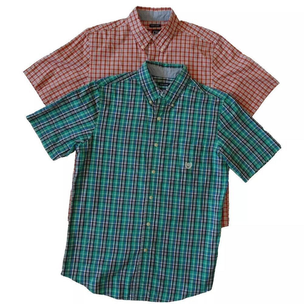 Chaps Button Up Shirt Men's Size S Lot of 2 Green Orange Plaid Short Sleeve
